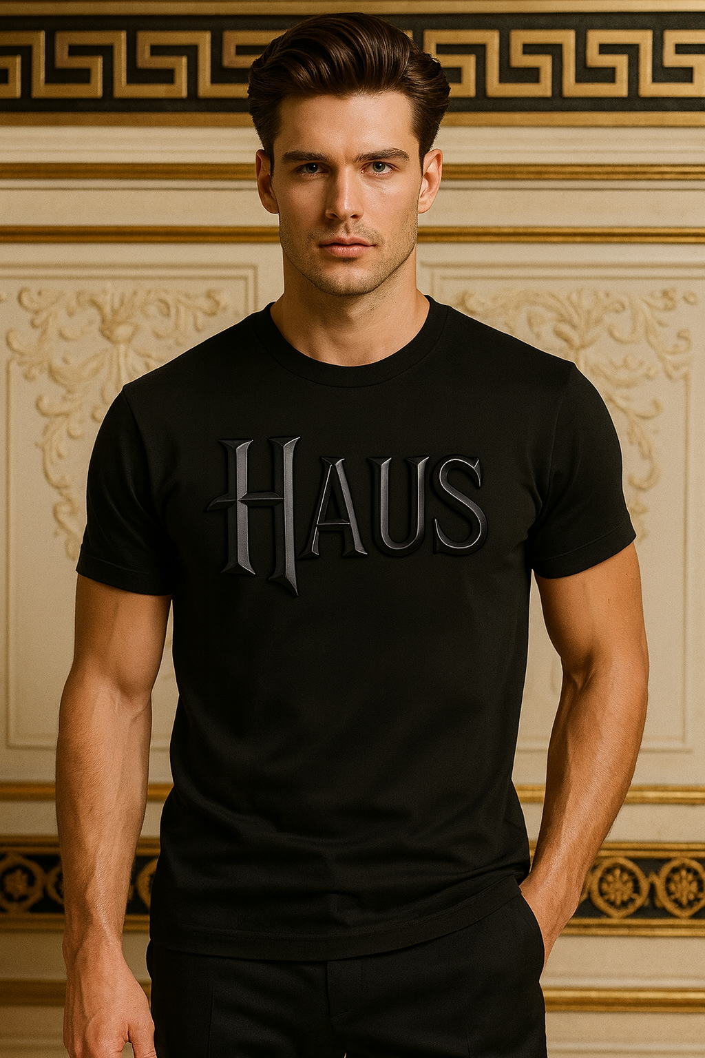Man wearing a black t-shirt with 'HAUS' text against an ornate wall.