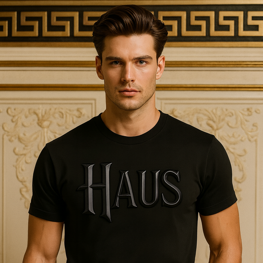 Man wearing a black t-shirt with 'HAUS' text against an ornate wall.
