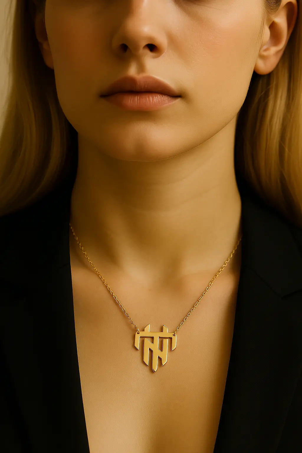 Close-up of a person wearing a gold necklace with a geometric pendant.