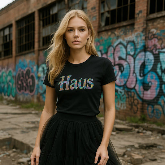 Woman wearing a black 'Haus' t-shirt and black tulle skirt in an urban setting with graffiti.